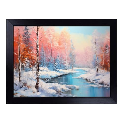 Lap Tray with Bean Bag Cushion, Winter Forest Landscape Action - Handmade in the UK, Raised Wooden Edge, Padded Cushion, Heat-Resistant Wipe-Clean Surface, for Meals, Laptops and Crafts