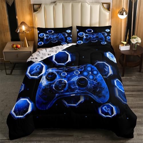 Feelyou Kids Blue Gamer Comforter Set Queen Size, Game Console Comforter Space Universe Gaming Bedding Set Boys Girls Gamepad Teens Duvet Set Bedroom Decor Bed Set 3Pcs