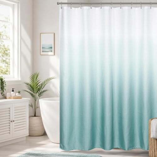 Mrs.Naturall Aqua Shower Curtain,Coastal Theme Washable Fabric Cloth Beach Shower Curtain Set with Hooks for Ocean Bathroom Decor,Seafoam Sea Foam Mint Green Spa Blue