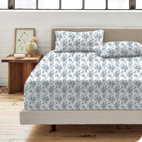 Shreem Linen King Sheet Set - 4 Piece Bedding - Brushed Microfiber Soft Sheets for King Size Bed with Flat,Fitted Sheet,2 Pillow Cases (Blue Floral Bliss)
