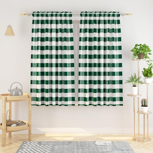 Buffalo Check Curtains 45 inches Long Cotton Basement Gingham Plaid Kitchen Window Curtain Panels Living Room Checker Drapes Bedroom Rod Pocket Window Treatment 2 Panels Dark Green and White