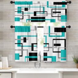 Tayney Teal Black Kitchen Window Curtains Valance and Tier Set 36 Inch, Turquoise Abstract Squares Geometric Rod Pocket Short Tier Curtain for Bathroom, Modern Small Cafe Drapes for Kitchen Decor