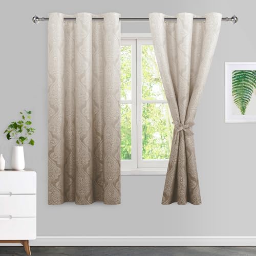 JIUZHEN Taupe Ombre Blackout Curtains for Bedroom??? Damask Patterned Thermal Insulated Noise Reducing Grommet Curtains with Tiebacks, 42 x 63 Inches, Set of 2 Window Curtain Panels