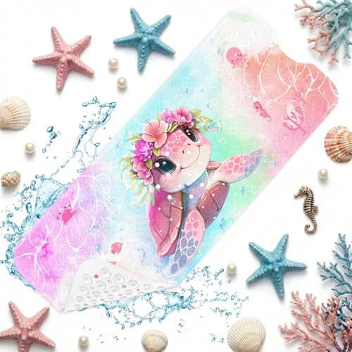 Culudea Cute Pink Sea Turtle Bathtub Shower Mat Marine Life Ocean Flower Non-Slip Tub Mat Extra Long Bath Floor Mats 40X16 Inch Machine Washable for Bathroom Tub Bath Mat for Toddler and Baby