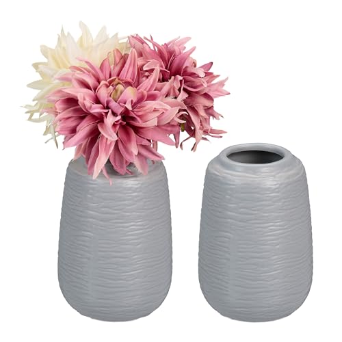 Relaxdays Ceramic Vase, Set of 2, HxD: 15 x 10 cm, for Fresh & Dried flowers, Table Decoration, Centrepiece, Grey