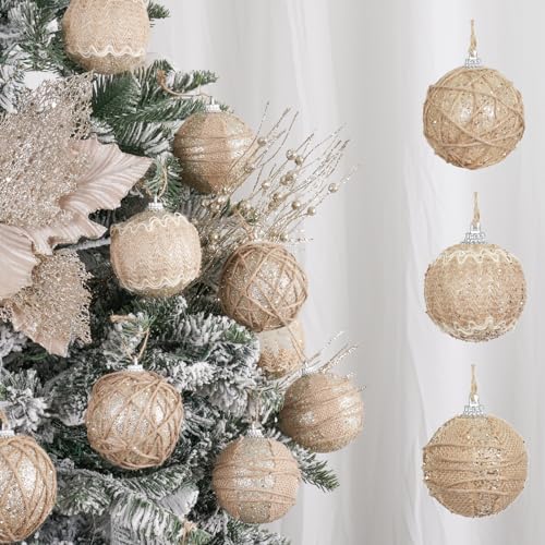 "XmasExp Farmhouse Christmas Ball Ornaments Set-70mm/2.76"" Shatterproof Rustic Xmas Tree Hanging Decoration (12 Counts,Beige & Champagne)"