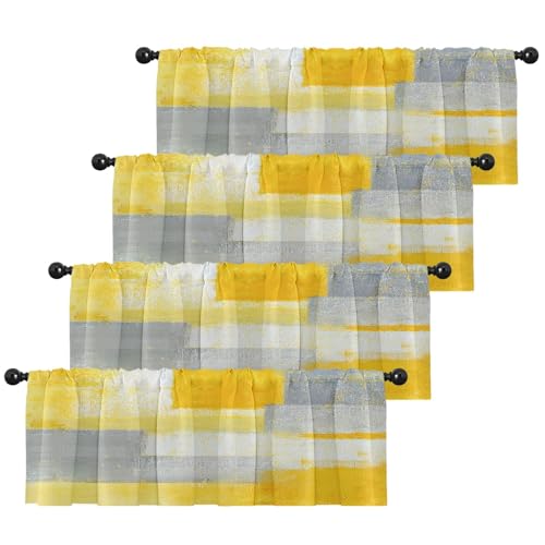 Emvency 4 Pack Valances Window Treatments, Yellow and Grey Abstract Modern Art Blackout Adjustable Valances for Living Room Bathroom Bedroom Kitchen Over Sink, 18x52 Inch Rod Pocket Valances