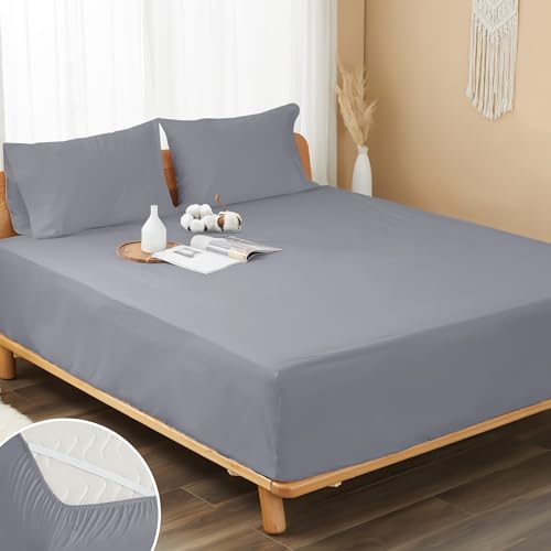 "HOMTEC 100% Cotton Percale Fitted Sheet Full Size, 8-15"" Deep Pocket Cooling Bottom Sheet, Breathable Soft & Crisp Fitted Sheet Only with 4 Corner Straps (Full, Dark Gray)"