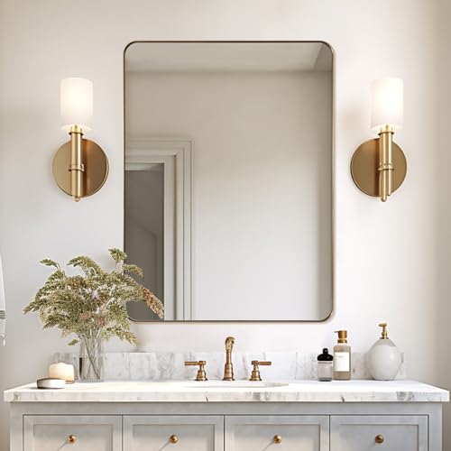 "ANDY STAR Gold Bathroom Mirror, 22"" x 30"" Brushed Brass Metal Wall Mirror, Rounded Rectangle Mirror for Vanity, Framed in Premium Stainless Steel???"