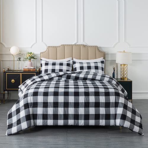 Caressma Plaid Comforter Set Twin, Black White Checkered Boys Bedding Set - Classic Buffalo Gingham Print Soft Microfiber Comforter Bedset for Boys with Pillowcase