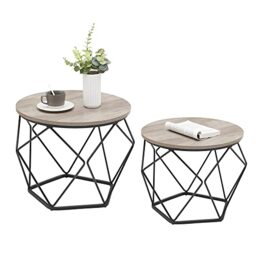 VASAGLE LET040B02 Round Coffee Table, Set of 2, Side Table, Sofa End, Industrial Style, Removable Tray, Steel Frame, for Living Rooms, Grey-Beige and Black