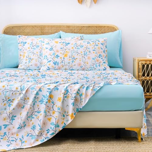 LONAVA Queen Size 6 Pieces Botanical Bed Sheet Set, Deep Pocket Sky Blue Fitted Sheet & Breathable Begonia Patterned Flat Sheets, Premium Microfiber, Floral Printed Bed Sheets
