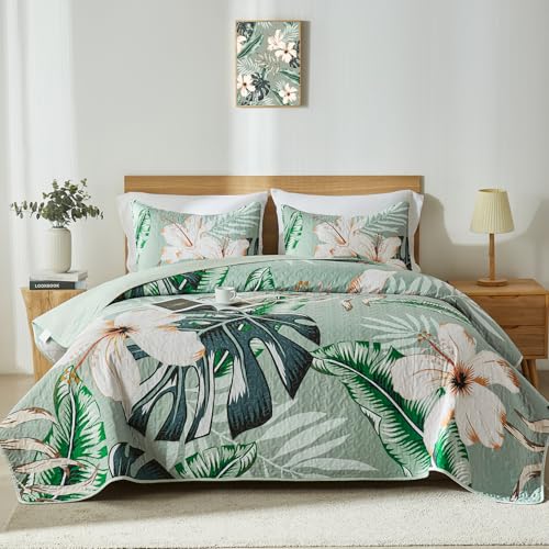 "Yogeneg King Quilt Bedding Set,White Botanical Pattern Sage Green King/Cal King Quilt Set,3 Piece Lightweight Soft Summer Bedspread Coverlet with 2 PIillow Shams,All Season(Sage Green,110""x96"")"