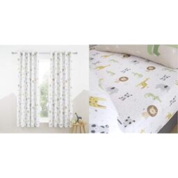 Catherine Lansfield Roarsome Animals 66x72 Inch Black Out Lined Eyelet Curtains Two Panels Natural & Kids Roarsome Animals Single Fitted Sheet White