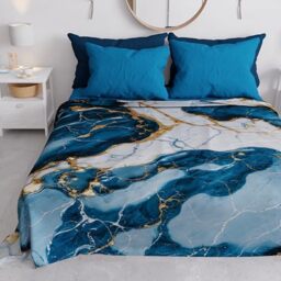 PETTI Artigiani Italiani - Spring-Summer Double Bedspread Light Blanket Queen Size Bed Sheets Marble Ocean Blue 100% Made in Italy
