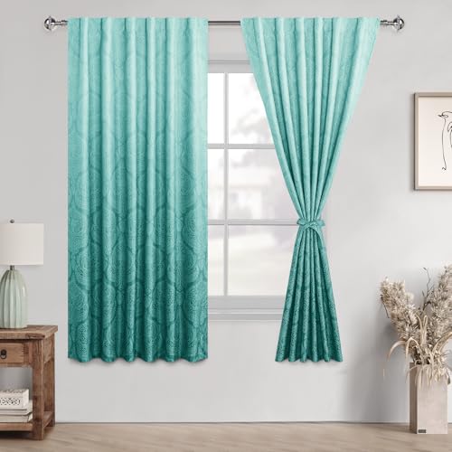 DWCN Teal Ombre Room Darkening Curtains 63 inches Length - Back Tab Damask Patterned Tieable Window Drapes Thermal Insulted Light Blocking Curtains for Bedroom, Kitchen, 2 Panels, W52 x L 63