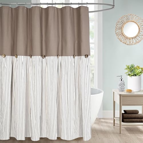 DOSLY ID??ES Farmhouse Taupe Shower Curtain,Taupe and Brown Stripe,Button Curtain,Cotton Blend and Cotton Woven Fabric,Rustic Charm Country Chic Style,72x84 in