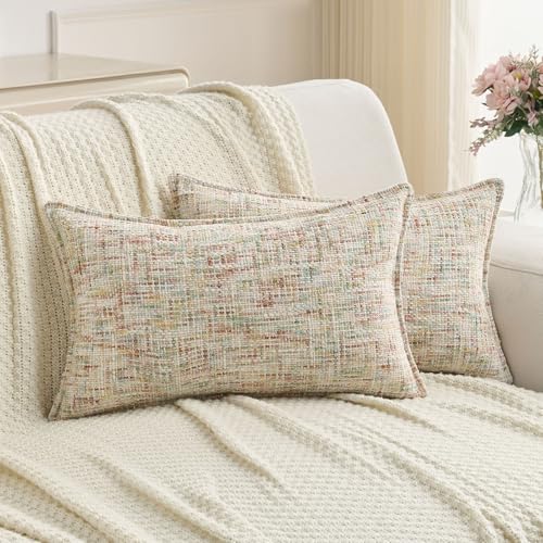 FUTEI Pack of 2 Tweed Chenille Throw Pillow Covers 12x20 Inch, Colorful - Premium Chenille Front/ Smooth Velvet Back,Hidden Zipper,Machine Washable,Pilling-Resistant,Colorfast, Insert Not Included.