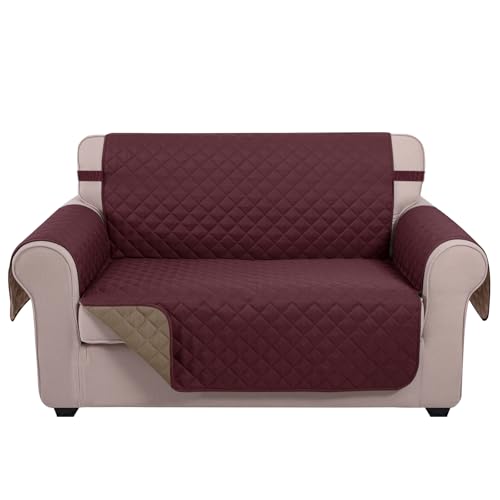 U-NICE HOME Loveseat Sofa Cover for 2 Cushion Couch, Burgundy/Tan - 54''Oversized Loveseat Cover Washable, Pet Friendly, Elastic Straps, Water Repellent, Furniture Protector for 2 Cushion