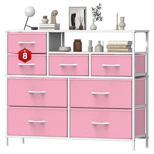 GoaHi Chest of Drawers with 8 Drawers,Bedroom Drawers, Fabric Dresser with Wood Top,Drawer storage unit for for Bedroom, Living room,Pink