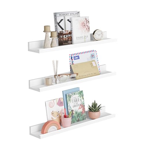 SONGMICS Floating Shelves Set of 3, Wall Shelves Ledge, 10 x 60 cm, for Picture Frames and Books, Living Room, Hallway, Bedroom, Bathroom, Kitchen, Office, White LWS061W01