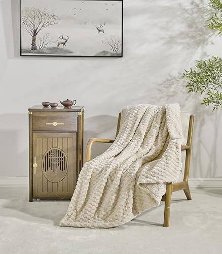 Miracle Home. Fleece Blanket Reversible Microfiber Pearl Flannel Velvet and Sherpa 280GSM-180GSM, Soft, Warm and Lightweight, Machine Washable, 130 X 160, Beige