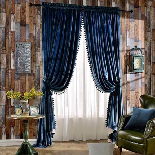 "Melodieux Pom Poms Velvet Curtains, Extra Wide for Terrace Doors, Vintage Luxury, Bedroom, Living Room, Thermal Insulated Window Curtains, 100"" x 84"" (W x L), Royal Blue (2 Fabric Panels)"