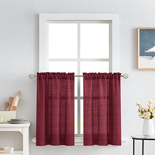 Melodieux Burgundy Semi Sheer Tier Curtains 45 Inch Length for Kitchen Cafe Bedroom Small Windows, Linen Look Rod Pocket Short Curtain Tiers Voile Drapes, 2 Panels