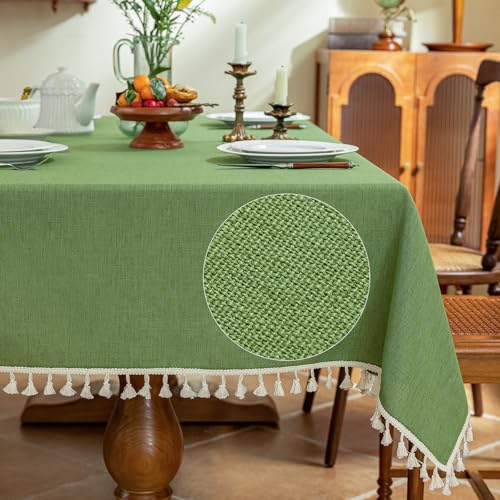 AmHoo Linen Blend Tablecloth Table Cloth 280 GSM Stitching Tassel Rectangle Decorative Natural Table Cover for Kitchen Dinning Wedding Buffet 55??102 inch Tendril Green