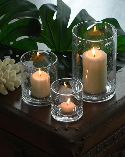 ARIAMOTION Hurricane Glass Candle Holders Set, Pillar Votive,Clear Seeded Bubbles Cylinder Vase,Modern Rustic Table Centerpieces Bulk, 3 Sizes 8 Inch 5 Inch 3.5 Inch Height