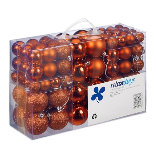 Relaxdays Christmas Baubles Set of 100, Festive Ornaments, Matt, Shiny, Glitter, Tree Balls ∅ 3, 4 & 6 cm, Orange