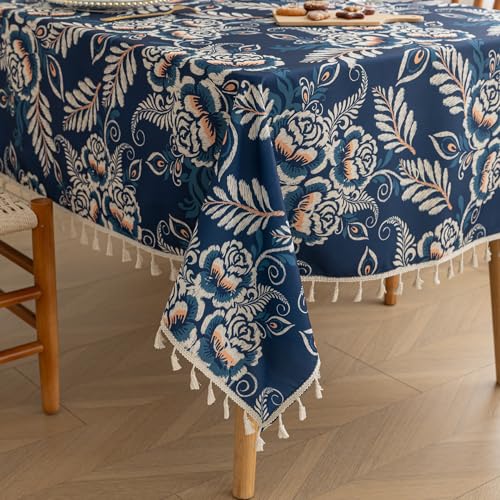"Erbnaryx Handblock Print Tablecloth for Square Tables,Fringed Edges with Blue Flower Pattern Tablecloths,Table Cover Cloth Decorative for Kitchen Dining Room,59""x 59"""