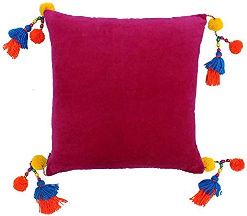 "Riva Paoletti Poco Cushion Cover - Fuchsia Pink - Faux Velvet Fabric - Tassel Pompom Corners - Hidden Zip Closure - Machine Washable - 100% Cotton - 55 x 55cm (22"" x 22"" inches)"