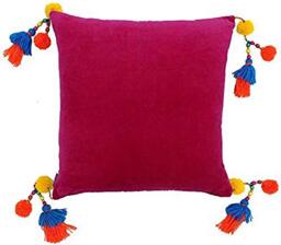 "Paoletti Riva Poco Cushion Cover - Fuchsia Pink - Faux Velvet Fabric - Tassel Pompom Corners - Hidden Zip Closure - Machine Washable - 100% Cotton - 55 x 55cm (22"" x 22"" inches)"