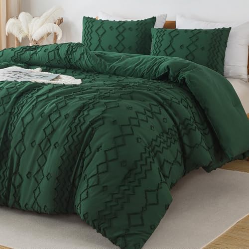 Andency Twin Comforter Emerald Green, 2 Pieces Tufted Geometric Bedding - Shabby Chic Bedding, Soft Fluffy Jacquard Farmhouse Bed Set for All Season???1 Boho Comforter, 1 Pillowcase