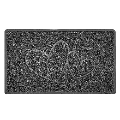 Nicoman Double Heart Embossed Shape Door Mat Dirt Trapper PVC Spaghetti Mat Washable Quick Drying Barrier Doormat-Dark Grey (Drainage Open-Back)-Medium (75x44cm)