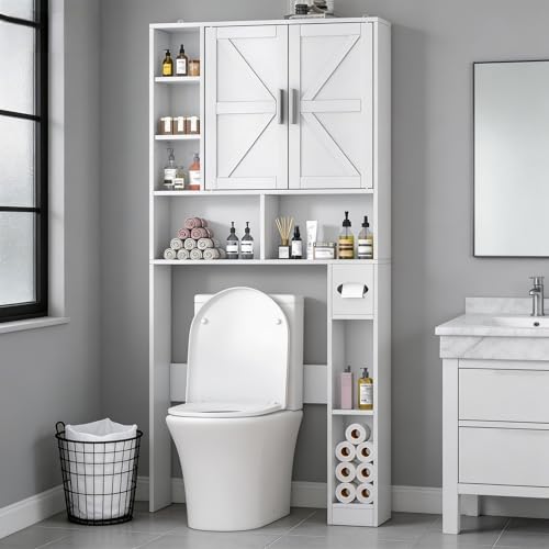 Feonase Over Toilet Storage Unit, Freestanding Bathroom Space Saver with Doors, Toilet Paper Holder, Adjustable Shelves, Wooden Above The Toilet Cabinet Laundry Organizer for Small Space, White