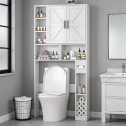 Feonase Over Toilet Storage Unit, Freestanding Bathroom Space Saver with Doors, Toilet Paper Holder, Adjustable Shelves, Wooden Above The Toilet Cabinet Laundry Organizer for Small Space, White