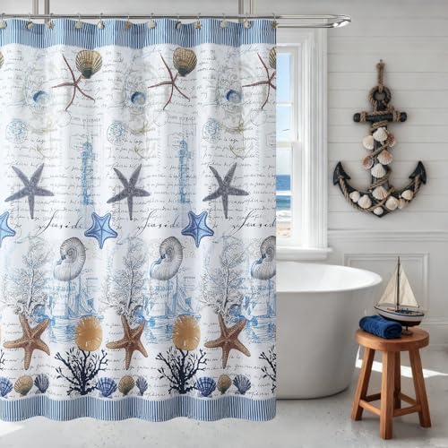 "Coastal Seashell Shower Curtains for Bathroom, Under The Sea Blue Beach Fabric Shower Curtain, Waterproof Ocean Sea Nautical Theme Decorative Bathroom Curtains, 54"" W x 72"" H"