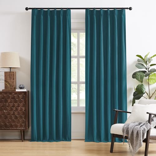 DUALIFE Dark Teal Blue Pinch Pleated Blackout Curtains 90 Inches Long, Back Tab with Hooks, Linen Full Black Out Thermal Insulated Track Curtain for Bedroom Living Room,40 Wx90 L, 2 Panels