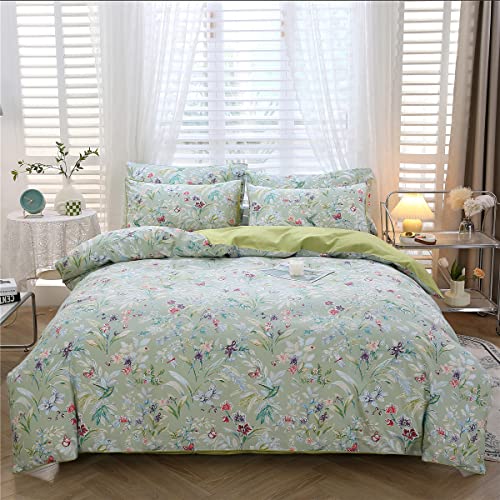 URBONUR Green Floral Duvet Cover Set Queen Size 100% Egyptian Cotton Bedding Set Farmhouse Butterfly Print Comforter Cover with Button Closure (3Pcs, Queen)