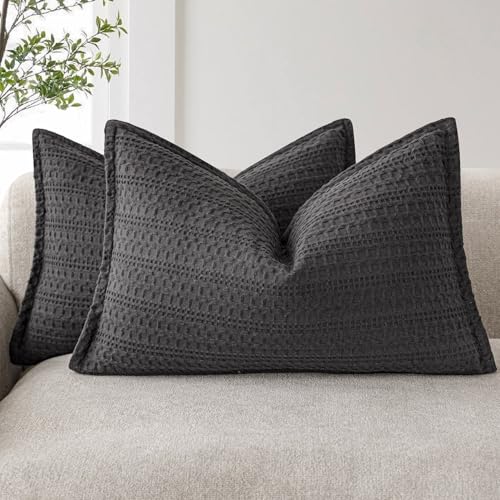 Foindtower Set of 2 Decorative Cotton Waffle Weave Lumbar Throw Pillow Covers Euro Sham Cushion Covers Accent European Pillowcase For Bed Couch Sofa Bedroom Living Room Home Decor 12??20 Inch Dark Grey