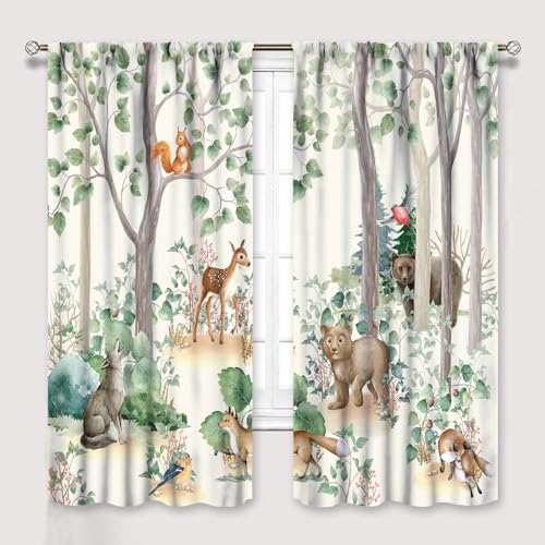 YCness Forest Animal Kids Curtains, Wild Rustic Bear Fox Deer Children Cartoon Window Treatments for Living Room, Watercolor Blackout Drapes 2 Panel Sets,42x45 Inch
