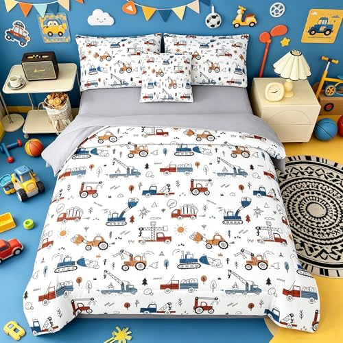 6 Piece Construction Comforter Set Full, Cartoon Truck Cars Excavator Tractor Bedding Set for Boys Toddler Children, Soft Microfiber Bed in a Bag with Comforter Sheets Pillowcase Cases