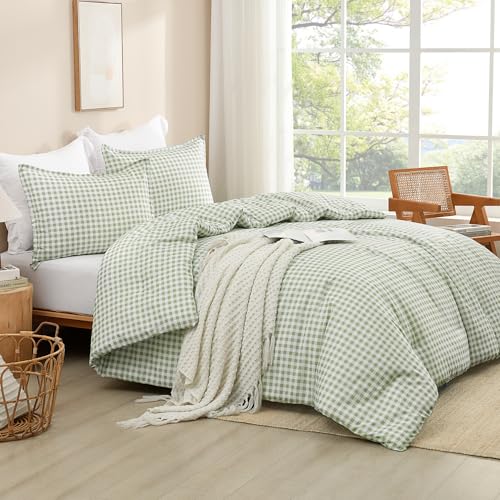 Andency Sage Gingham Comforter Set Queen, Green Checkered Grid Plaid - 3 Pieces Lightweight Soft Bed Set for Teens Boys Girls Kids Teens, Geometric Reversible Preppy Bedding as Gift (90x90Inch)