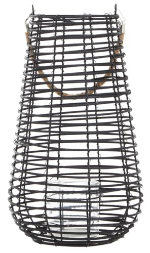 Premier Housewares Dinner Set For 6 Large Black Rattan Lantern with Glass Candle Holder, Natural Rope Handle Chicken Dinner Set, Boho-Inspired Design Dinner Plates Set, 41x25x25cm