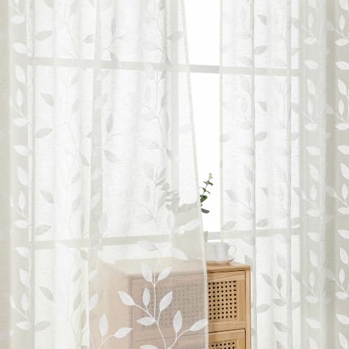 Chyhomenyc White Sheer Curtains 84 Inches Long - Light Filtering Blend Linen Embroidered Leaf Pattern Window Curtain Panel Drapes for Living Room Bedroom, 50Wx84L Inch, 2 Panels