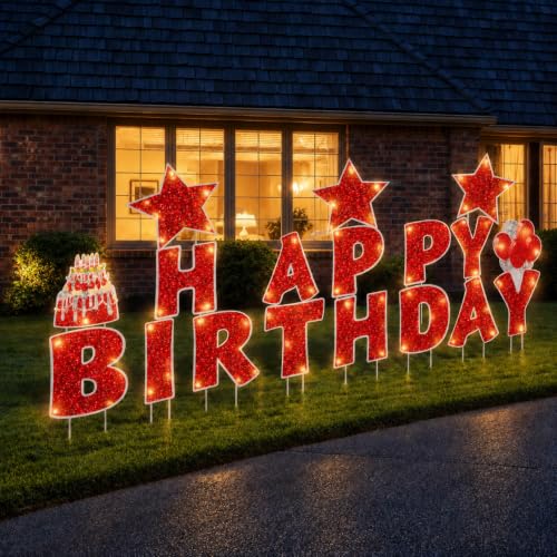 Jetec 18 Pieces Happy Birthday Yard Signs with Stakes, 16 Inches Birthday Outdoor Lawn Signs, Birthday Cake Balloon Patio Decorations, garden Lawn Decorations for Birthday Party(Red)