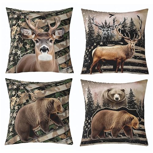 "Feelyou Bear Throw Pillow Covers 16""x16"" Set of 4 Soft Deer Cushion Case American Flag Decor Pillowcase Camouflage Animals Green Brown Indoor Outdoor"
