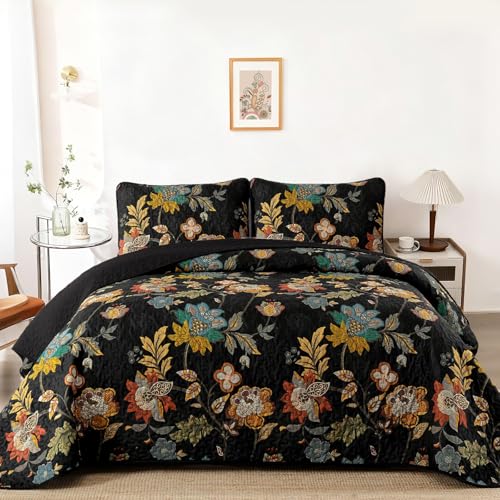 "WONGS BEDDING Floral Quilt Set King Size, Black Botanical King Bedspread Bedding Sets, 3 Pieces Quilt Set with 2 Pillowcases,Soft Lightweight Microfiber Coverlet Set for All Season(104""X90"")"